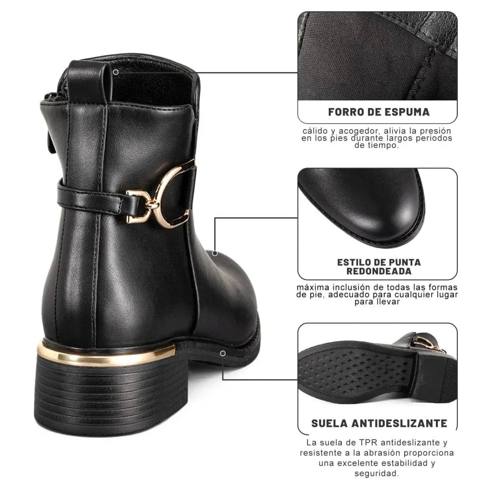 Botines Plataforma Mujer negros de cuero impermeable con suela antideslizante y tacón plano de 4 cm