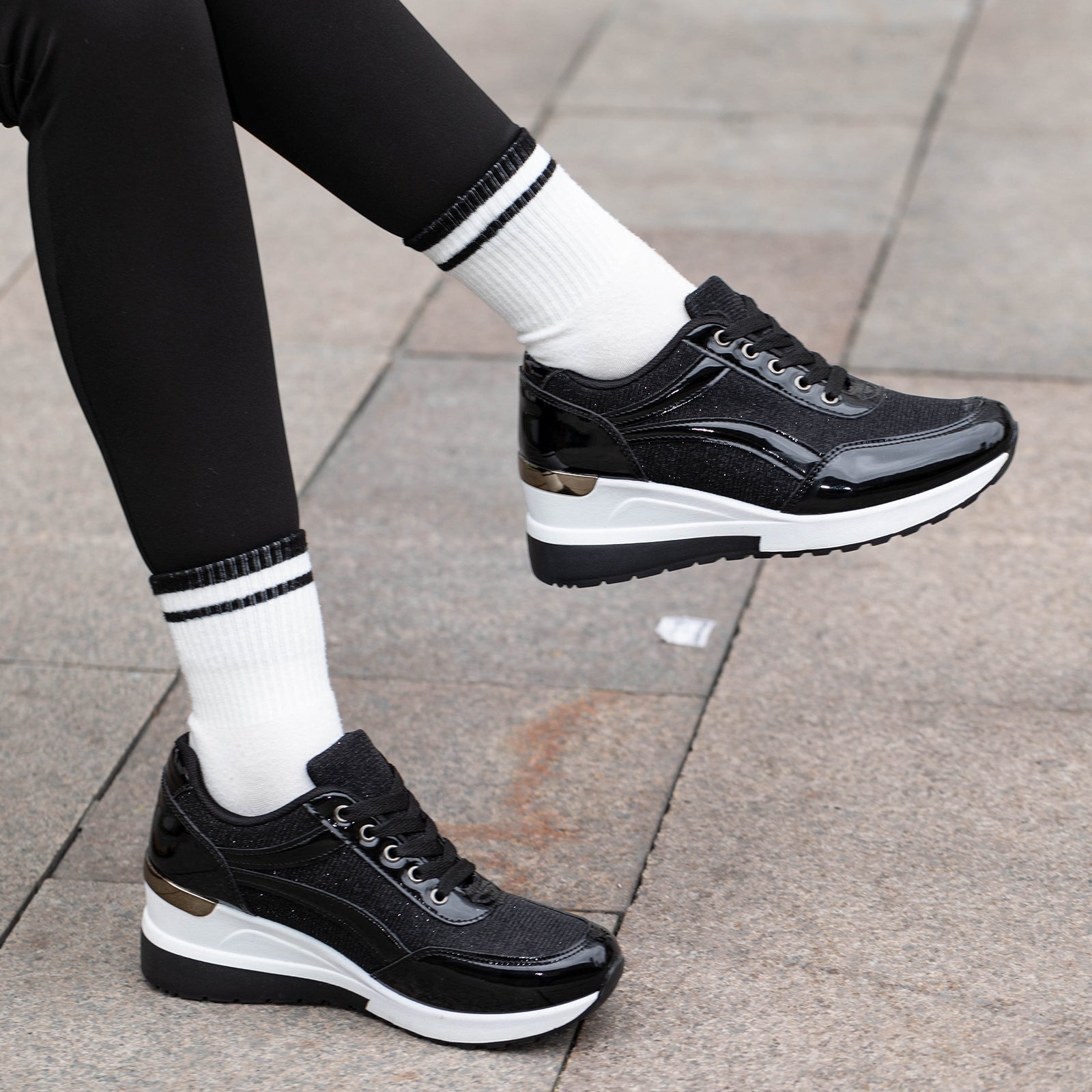 Tenis Mujer zapatillas casuales con cuña de espejo y lentejuelas tacón 5 cm cómodo y moderno