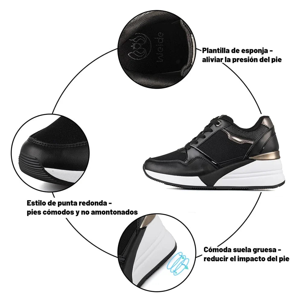 Tenis Mujer Weide zapatilla de running transpirable con tacón oculto y suela antideslizante en beige, blanco y negro.