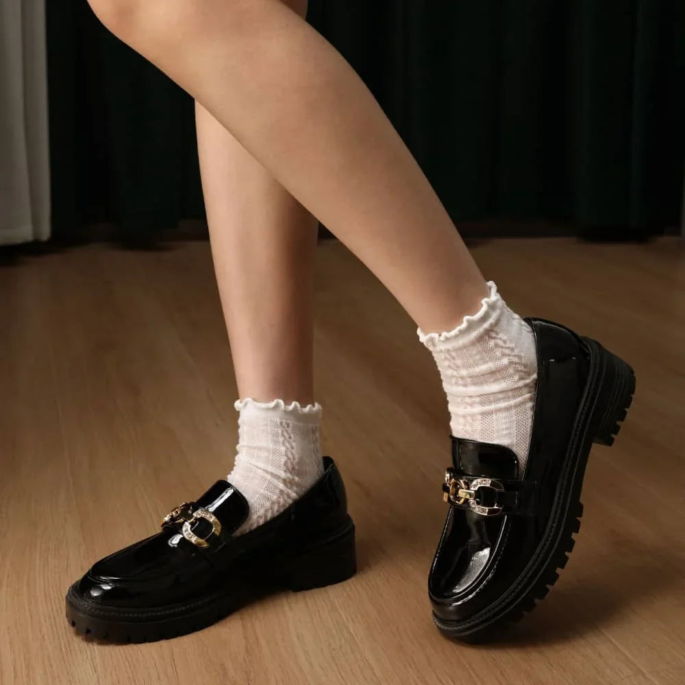 Mocasin Mujer Weide MXJN602 negro charol con hebilla metálica tacón cuadrado cómodo y antideslizante