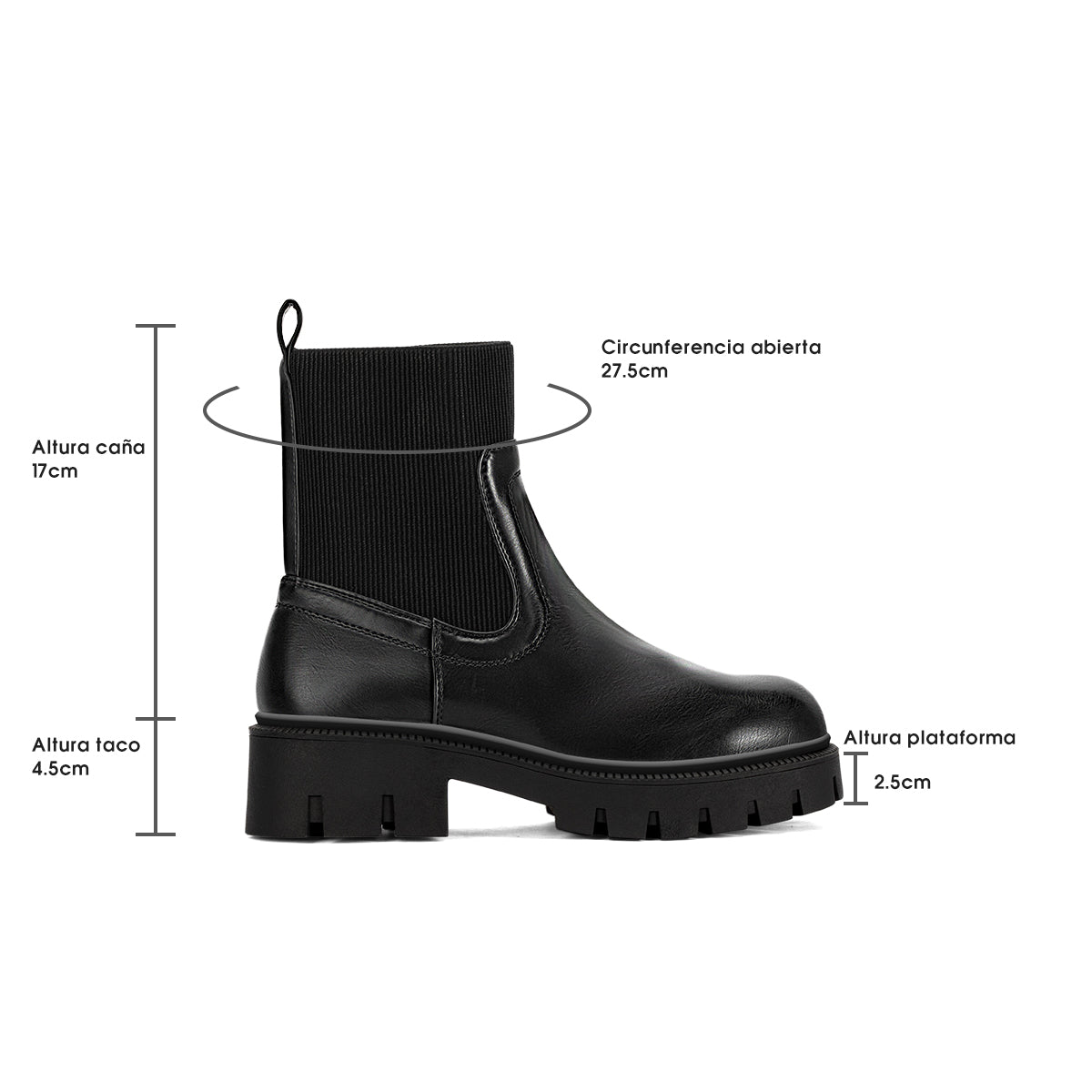 Botines plataforma mujer negros de cuero y punto con tacón de 4.5 cm y plataforma de 2.5 cm, diseño sin cordones.