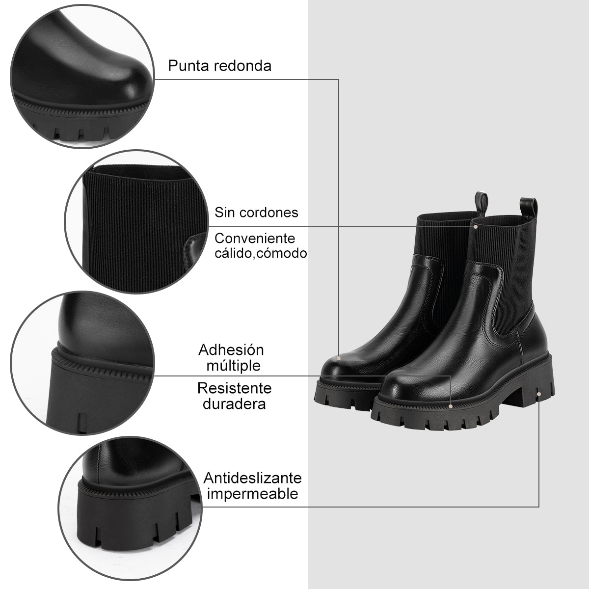 Botines plataforma mujer negros sin cordones con punta redonda, suela antideslizante impermeable y diseño cómodo de cuero mixto
