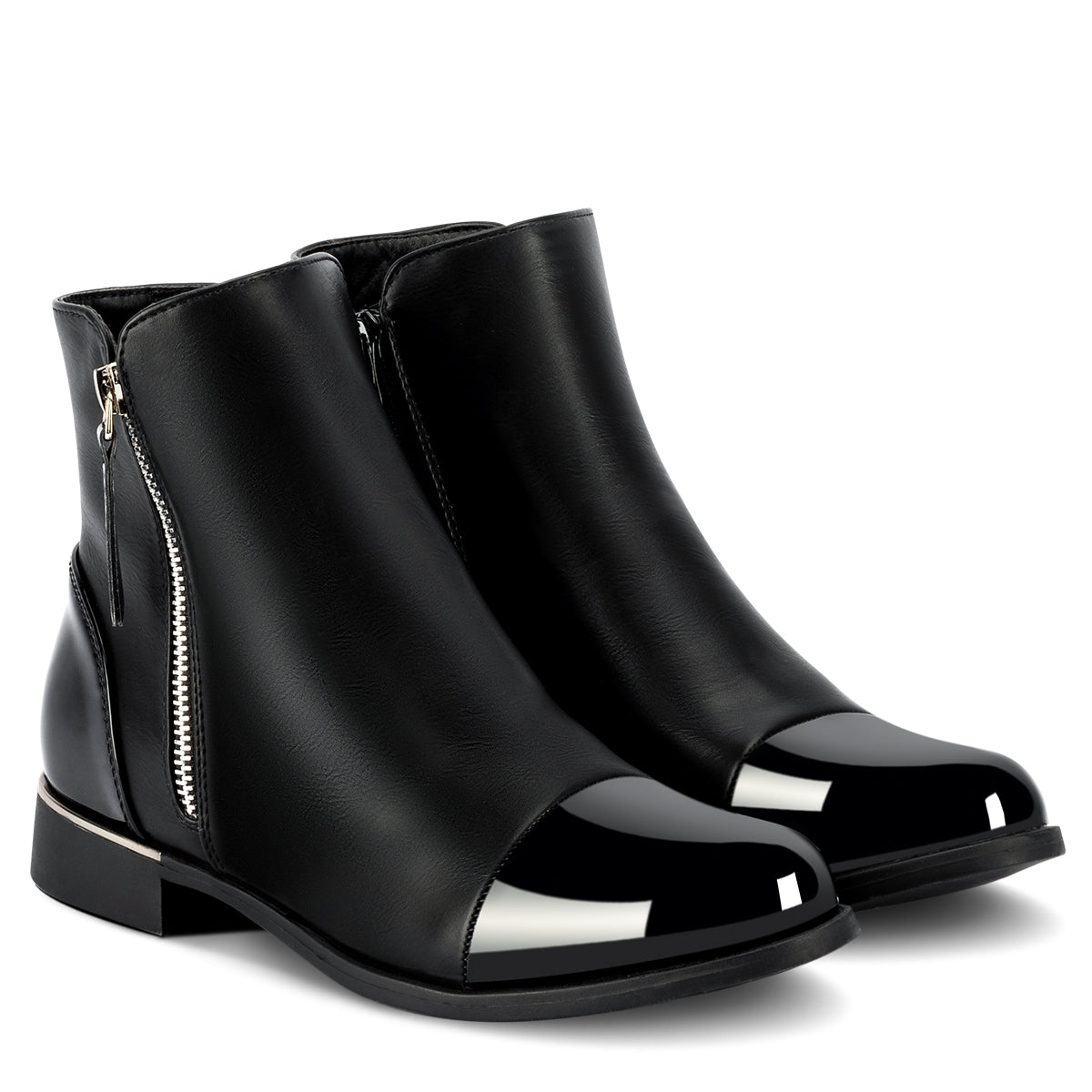 Botines Plataforma Mujer negros con punta charolada y cierre lateral decorativo