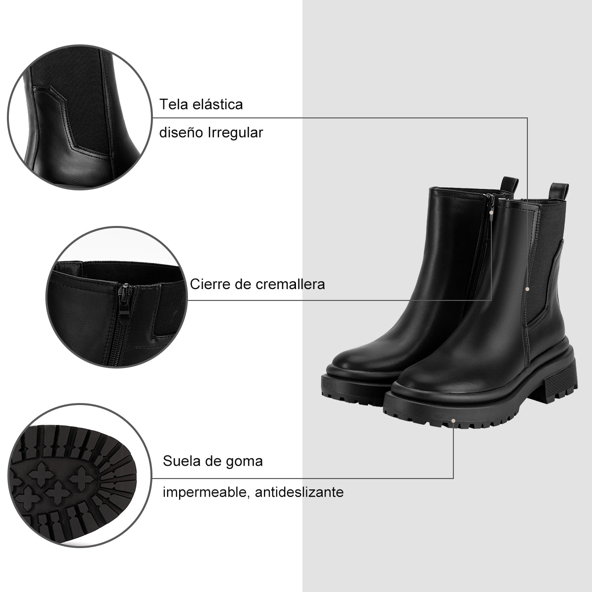 Botines plataforma mujer negros con diseño irregular, cierre de cremallera y suela de goma antideslizante impermeable